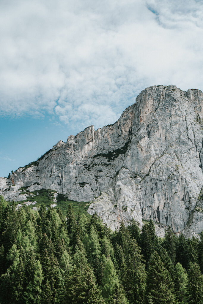 Felswand über einem bewaldeten Berghang unter wolkigem Himmel